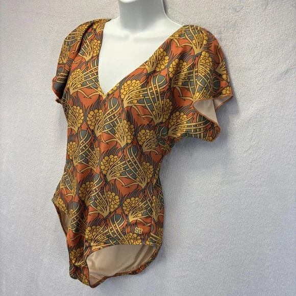 Albion One Piece Swimsuit Womens Medium Brown Orange Floral Tropical Wirefree - Picture 2 of 15
